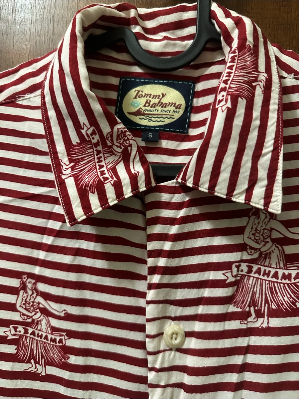 Retro Tommy Bahama Red and White Striped Hula Print Button-Up